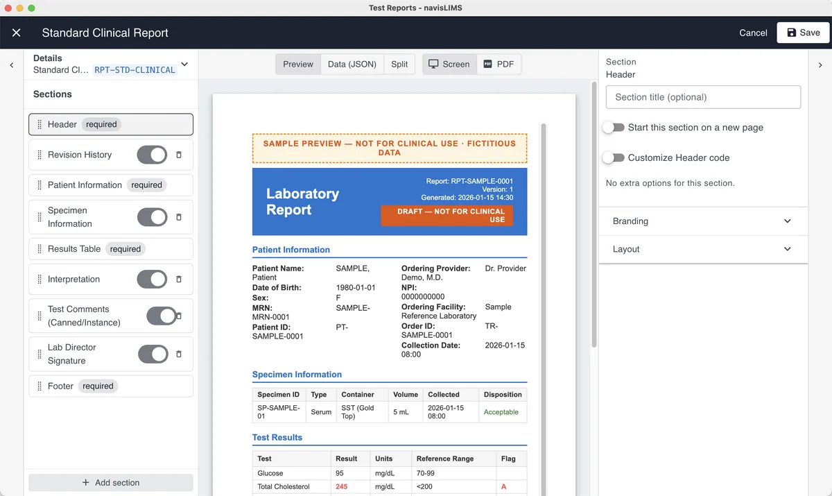 The report designer in navisLIMS, with a section list beside a live report preview.