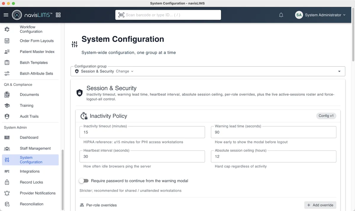 The System Configuration screen in navisLIMS showing session and security settings.