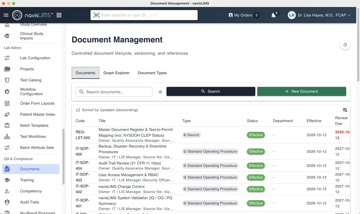 Document management in navisLIMS, listing controlled documents with status and review dates.