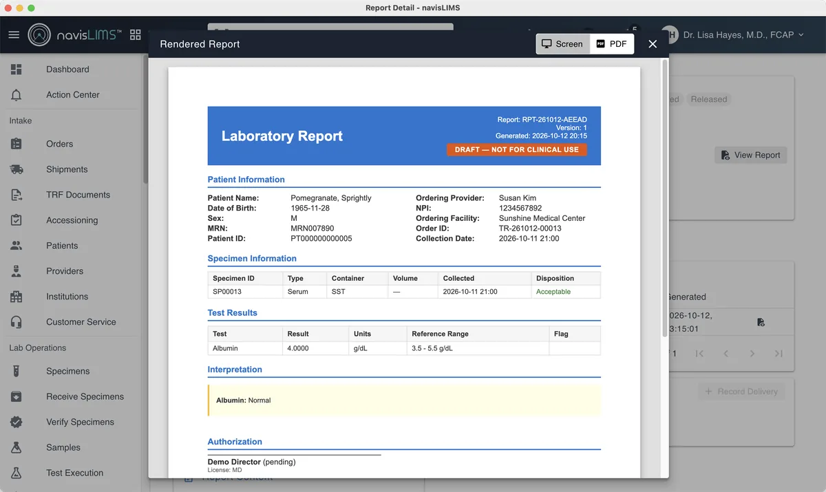 A draft laboratory report generated by navisLIMS from an order's results.