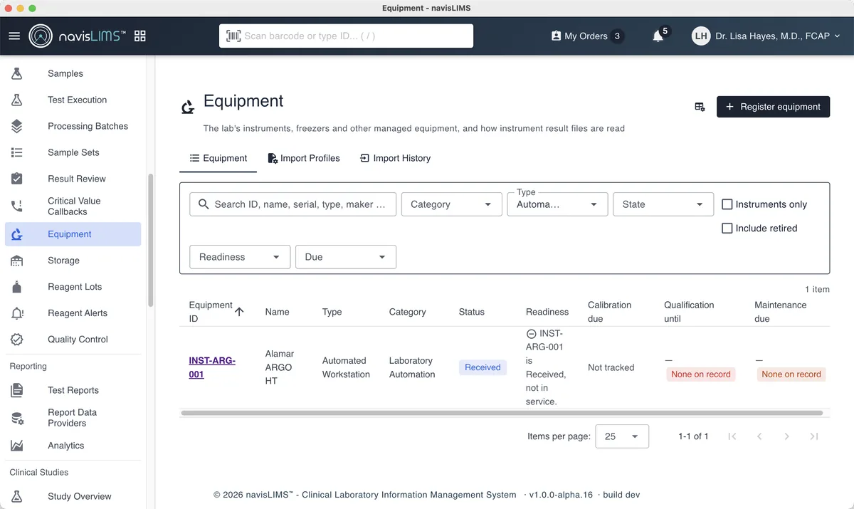 Equipment management in navisLIMS, listing lab instruments with readiness and calibration status.