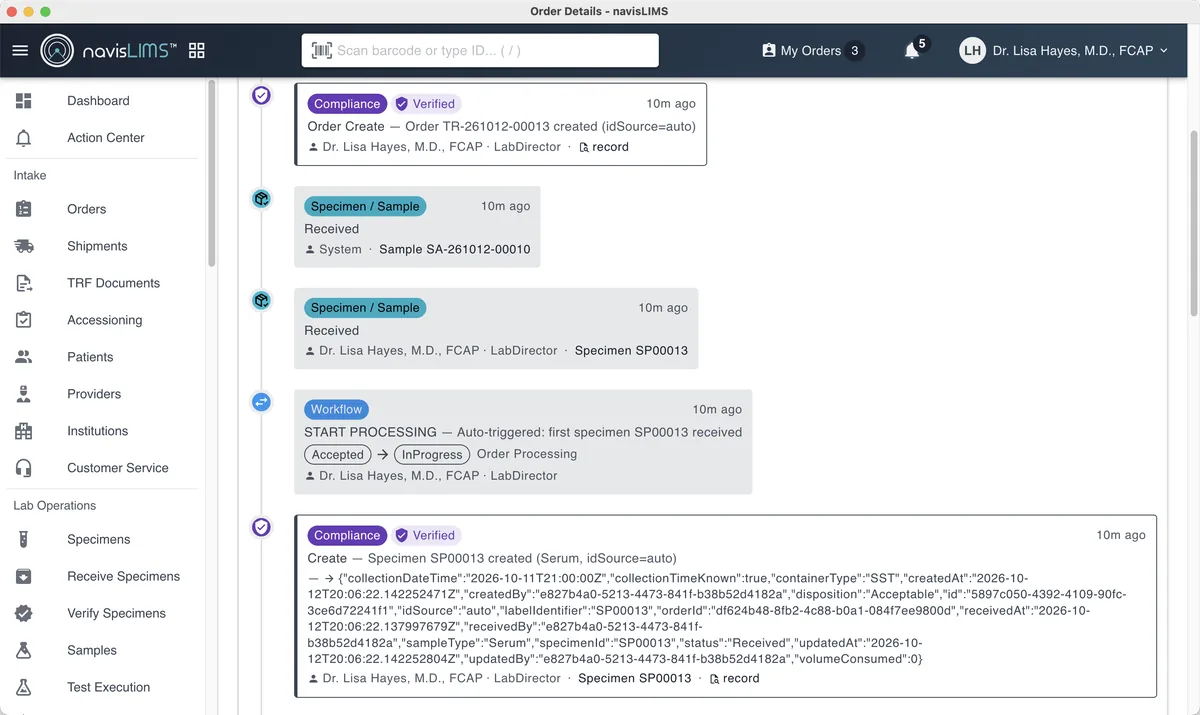 An order audit trail in navisLIMS listing timestamped events and who performed them.