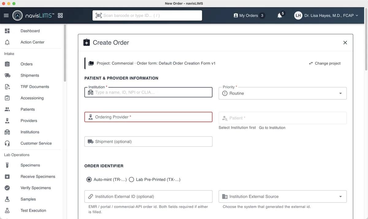 The Create Order screen in navisLIMS, with patient, provider and order identifier fields.