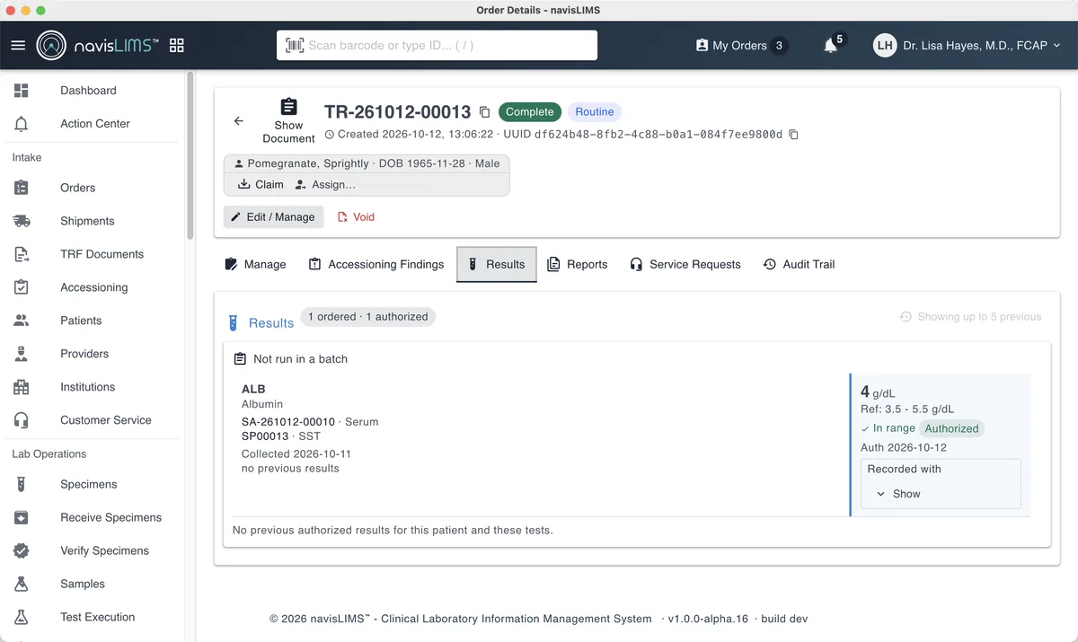 An order in navisLIMS showing an authorized result with its reference range.