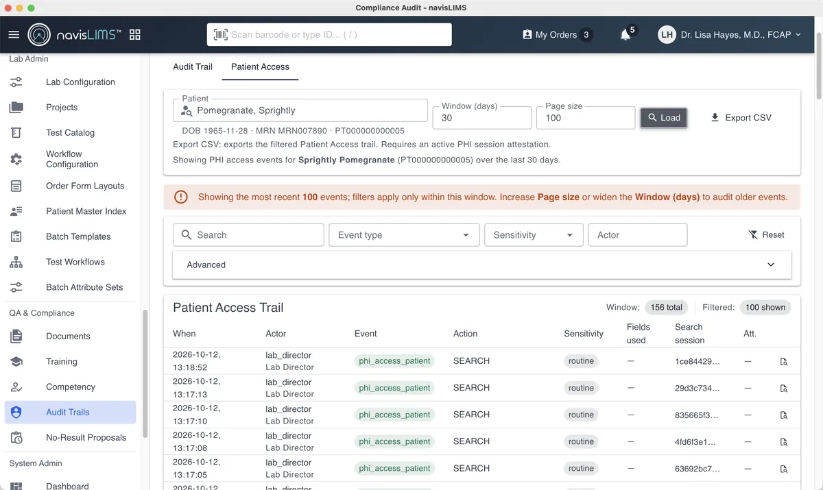 The patient access trail in navisLIMS showing who accessed a patient's record and when.