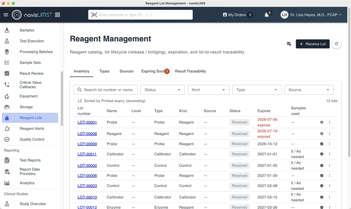 Reagent management in navisLIMS, listing reagent lots with status and expiration dates.